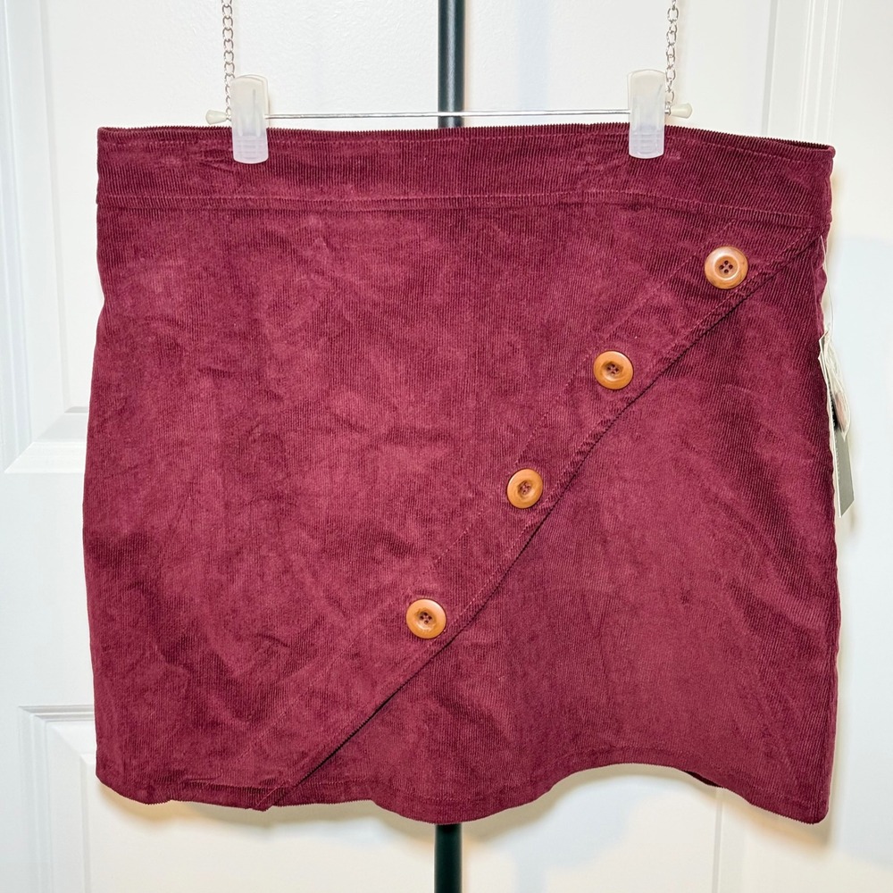 NEW! Soulmates Corduroy Mini Skirt Burgundy Fig Faux Wrap Button Front XL